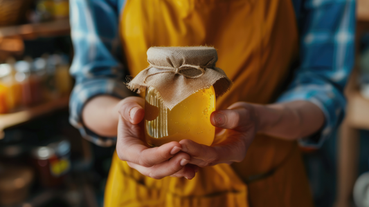 A person wearing a blue plaid shirt and a yellow apron holds a clear glass jar of golden honey, which is sealed with a natural fabric lid tied with twine. The setting is rustic, possibly inside a pantry or market stall.