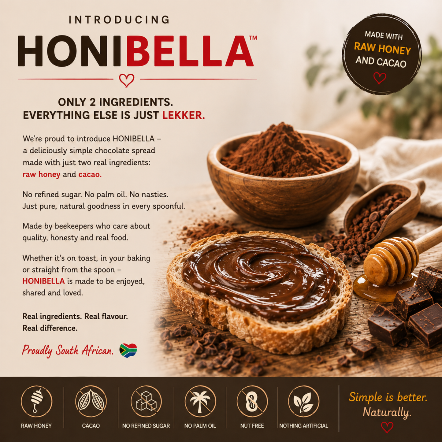 HONIBELLA™ Raw Honey + Cacao Chocolate Spread – 480g