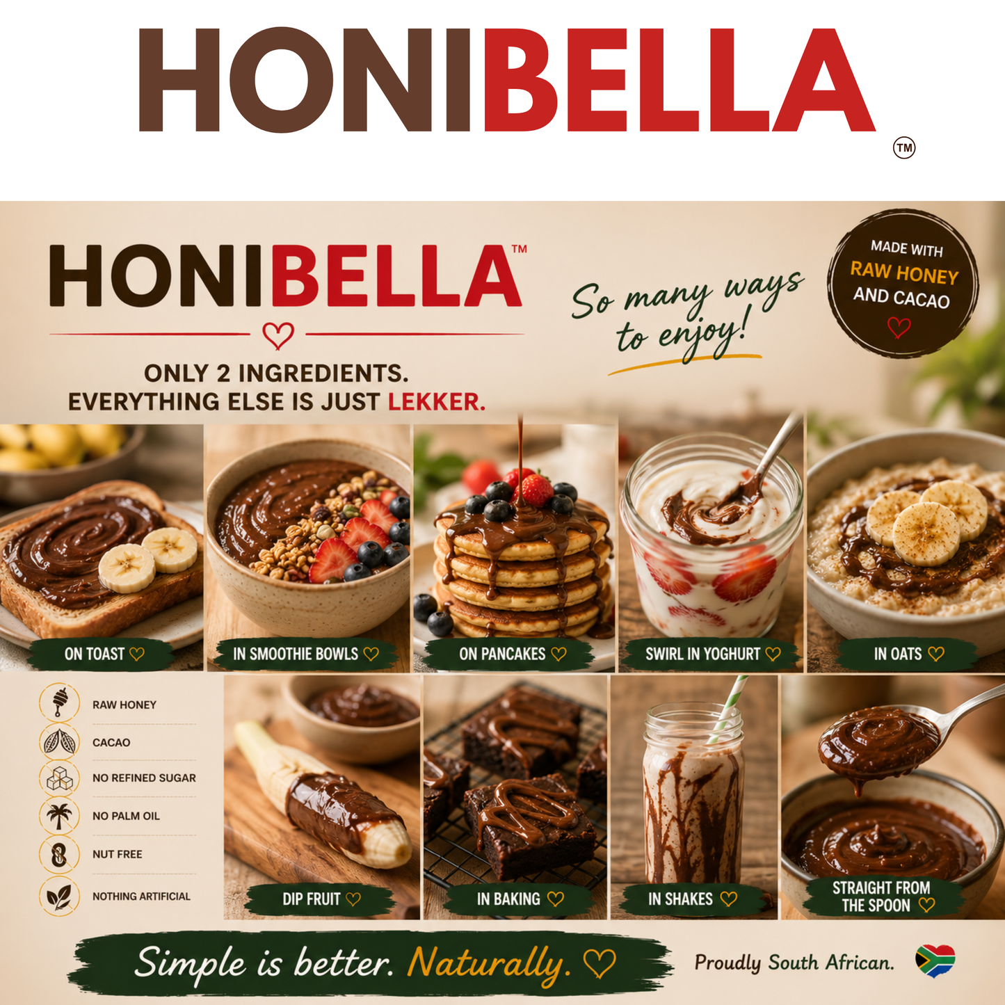 HONIBELLA™ Raw Honey + Cacao Chocolate Spread – 480g
