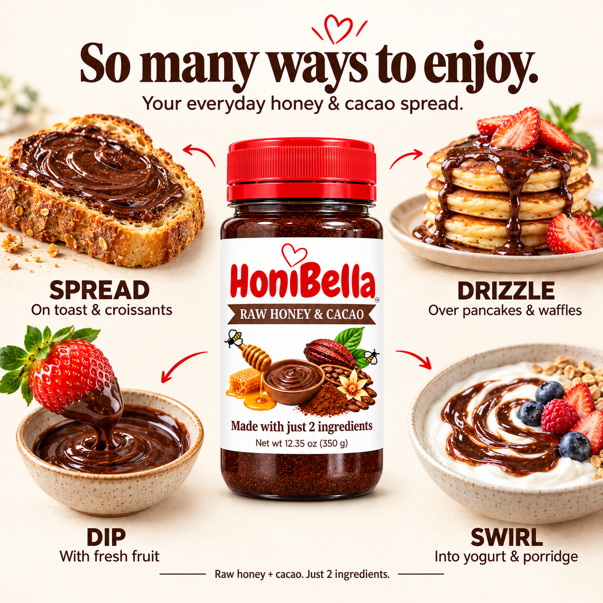 HONIBELLA™ Raw Honey + Cacao Chocolate Spread – 350g